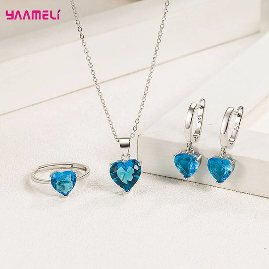 Fine 925 Sterling Silver Color Jewelry Gift Sets for Women Female Romantic Heart Zircon Huggie Earrings Pendant Necklace Ring