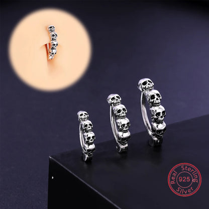 ZS 1 PC Skull Navel Piercing 925 Sterling Silver Reverse Curved Belly Button Rings for Men Punk Rock Clicker Navel Rings 14/16G