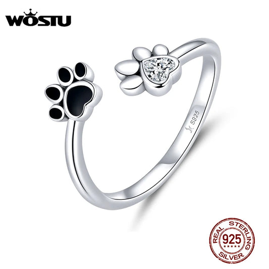 WOSTU 100% 925 Sterling Silver Paw Dog Pets' Footprint Ring For Women Wedding Engagement Adjustable Rings Fashion Jewelry CQR605