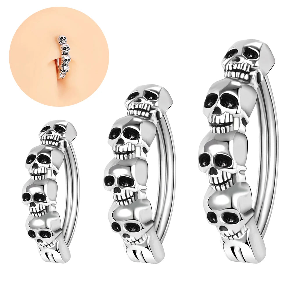 1PC 14/16G Punk Rock Belly Button Ring 925 Sliver Navel Piercing for Punk Men Women Vintage Skull Belly Ring Body Jewelry