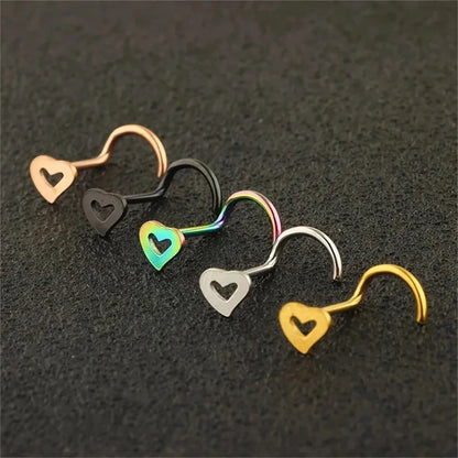 Hollow Heart Stainless Steel Nose Stud Set for Women, Nostril Piercing Nariz Pin Screw Body Jewelry