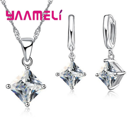 New Fashion Women Pendants Necklace Simple Geometry Square Earrings Crystal 925 Sterling Silver Color Jewelry Sets for Wedding